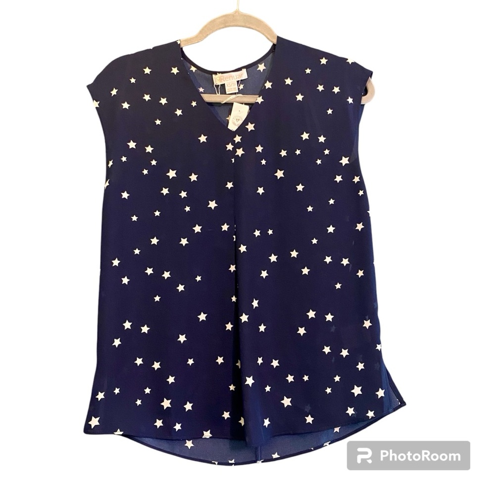 NWT Renuar New Midnight Navy Stars V Neck Cap Sleeve Tank Blouse Flowy Sz XS